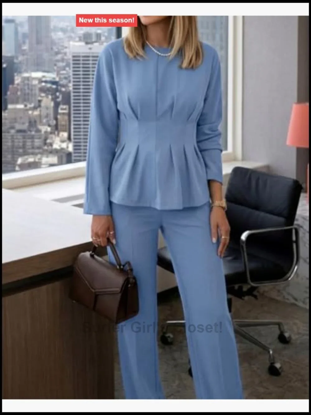 Women's 2 Piece Outfits Long Sleeve Ruched Top Wide Leg Pants Set Business